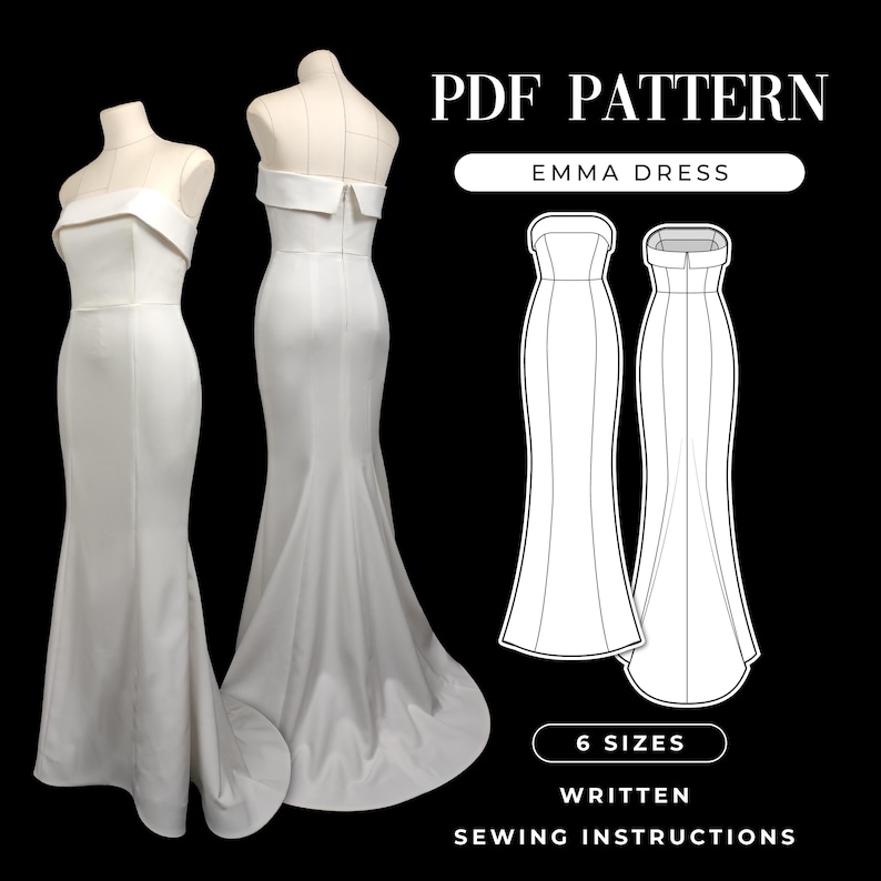 May include: A PDF pattern for an Emma dress. The pattern includes 6 sizes and written sewing instructions. The image shows a white dress on a mannequin.
