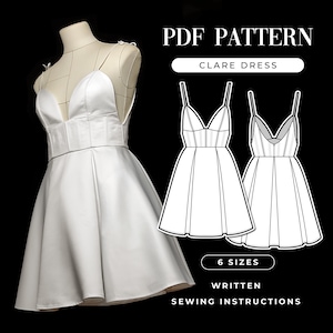 Könnte beinhalten: Ein PDF-Schnittmuster für ein Clare-Kleid. Das Schnittmuster umfasst 6 Größen und schriftliche Nähanleitungen. Das Kleid ist ärmellos, mit V-Ausschnitt, einem taillierten Oberteil und einem weiten Rock.