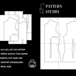 May include: A black and white printable sewing pattern for a garment with the text "PATTERN STUDIO" at the top of the page. The pattern is labelled with letters A1, A2, B1, and B2. The text "A4 | A3 | A0 | US LETTER" is at the bottom of the page, along with instructions to print, match the paper sheets, cut, and use the pattern. The text "INSTANT DOWNLOAD" and "REAL SIZE" are also included.