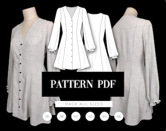 Patrón de costura para vestido abotonado de corte A: escote en V y manga obispo (patrón PDF)