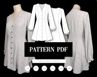 Buttoned Short Dress Pattern | A-line Evase Dress PDF Pattern | Bishop Sleeve | V-Neck Daily Dress Digital Pattern | Sewing VideoTutorial