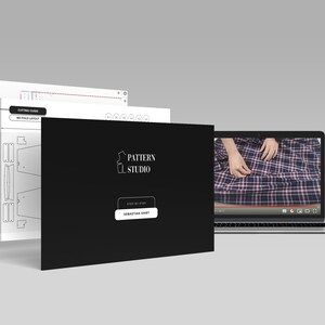 May include: A black screen with the text "PATTERN STUDIO" and "STEP BY STEP SEBASTIAN SHIRT" in white. A white sheet with a sewing pattern and a laptop screen showing a person sewing a plaid shirt are visible in the background.