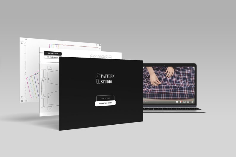 May include: A black screen with the text "PATTERN STUDIO" and "STEP BY STEP SEBASTIAN SHIRT" in white. A white sheet with a sewing pattern and a laptop screen showing a person sewing a plaid shirt are visible in the background.