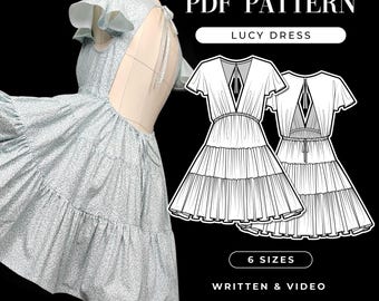 Patroon minijurk met laagjes | Zomerjurk zonder rug pdf-patroon | Jurk met open rug | V-lijn jurk met Empire-taille digitaal patroon | Videozelfstudie