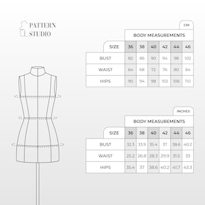 May include: A black and white size chart graphic labelled Pattern Studio featuring a dress form illustration and two tables. The tables display body measurements for sizes 36 through 46 in both centimetres and inches for bust, waist, and hips.