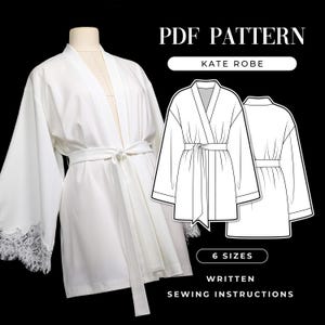 Bridal Kimono Robe Sewing Pattern: Lace Bell Sleeves, Adjustable Waist Tie (PDF Pattern)
