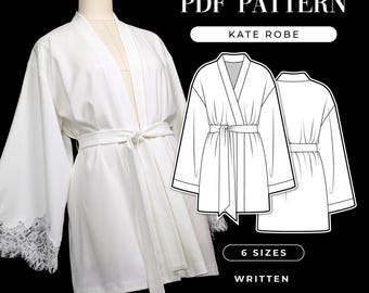 Patrón de costura para bata de kimono de novia: mangas acampanadas de encaje, cinturón ajustable (patrón en PDF)