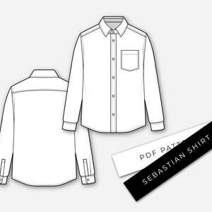May include: A black and white line drawing of a long-sleeved shirt with a button-down collar and a pocket on the left side. The shirt is shown from the front and back. A black tag with white text reads "PDF PATTERN SEBASTIAN SHIRT".