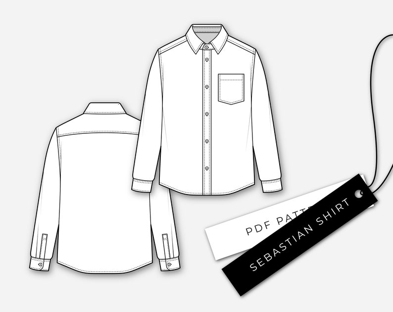 May include: A black and white line drawing of a long-sleeved shirt with a button-down collar and a pocket on the left side. The shirt is shown from the front and back. A black tag with white text reads "PDF PATTERN SEBASTIAN SHIRT".