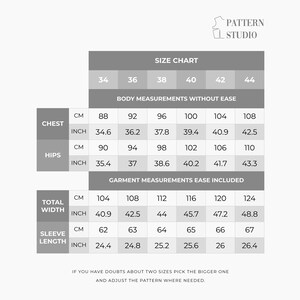 May include: Size chart for clothing patterns with measurements in inches and centimeters. The chart includes chest, hips, total width, and sleeve length measurements for sizes 34 to 44.