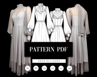 Patrón de vestido midi de tul: Vestido con mangas de obispo (Patrón digital)