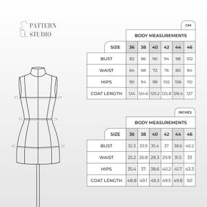 May include: A diagram with body measurements in inches and centimeters. The diagram includes bust, waist, hips, and coat length measurements for sizes 36 to 46. The text "PATTERN STUDIO" is at the top left.