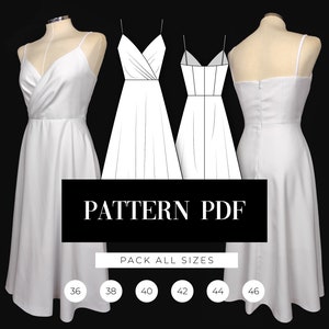 Padrão de vestido midi linha A | Vestido de baile plissado padrão PDF | Vestido com efeito envolvente | Padrão de vestido de dama de honra sem mangas | Tutorial em vídeo de costura