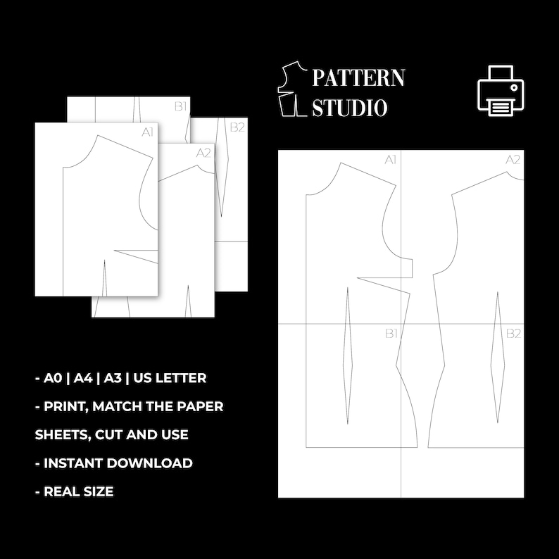 May include: A printable sewing pattern for a garment, with instructions to print, match the paper sheets, cut and use. The pattern is available in A0, A4, A3 and US Letter sizes. The pattern is real size and includes the text "PATTERN STUDIO".