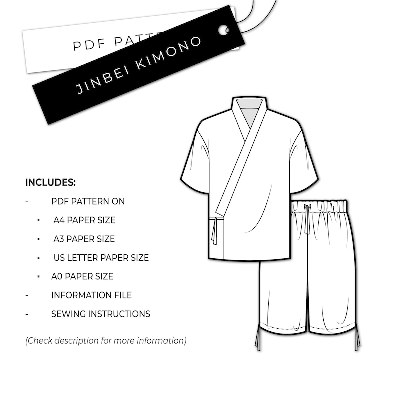 Puede incluir: Dibujo lineal en blanco y negro de un conjunto de Jinbei Kimono, que incluye una parte superior de manga corta y pantalones cortos. La imagen incluye una etiqueta que dice "JINBEI KIMONO" y una lista de art&iacute;culos incluidos.