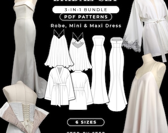 Paquete de patrones de costura nupcial en PDF / Bata, minivestido y vestido de sirena / Set de costura para bodas DIY