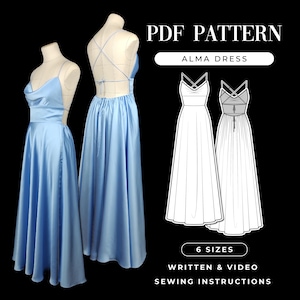 Maxi Cowl neck Kleid Schnittmuster | Backless Dress PDF Pattern | Schnürrock hinten versammelt | Brautjungfer Kleid Schnittmuster | Video-Anleitung