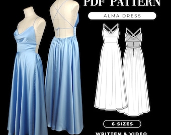 Patrón de vestido con cuello vuelto y espalda descubierta: Falda larga ALMA (Patrón PDF)