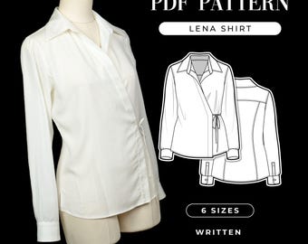 Wrap Shirt Sewing Pattern: Tailored Long Sleeve Blouse, Office Wear (PDF Pattern)