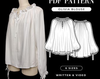 Patrón de costura de la blusa Olivia: Camisa pirata renacentista (patrón PDF)