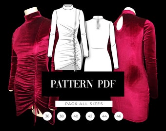 Stretch Velvet Dress Pattern | Ruched Dress Pattern | Mini Elastic Dress Digital Pattern | Mock Neck Long Sleeve PDF Pattern | VideoTutorial