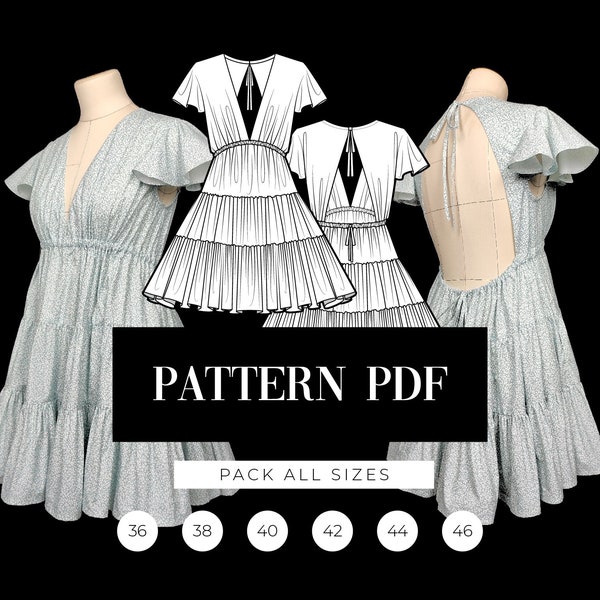 Patrón de vestido mini escalonado / Vestido de verano sin espalda Patrón en PDF / Vestido con espalda abierta / Vestido con cintura imperio en forma de V Patrón digital / VideoTutorial