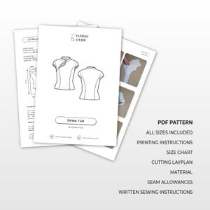 May include: A digital PDF sewing pattern for the Siena top, featuring a technical line drawing of a cap-sleeve blouse with a mandarin collar and side closure. The document includes a cutting layplan, size chart, and written sewing instructions.