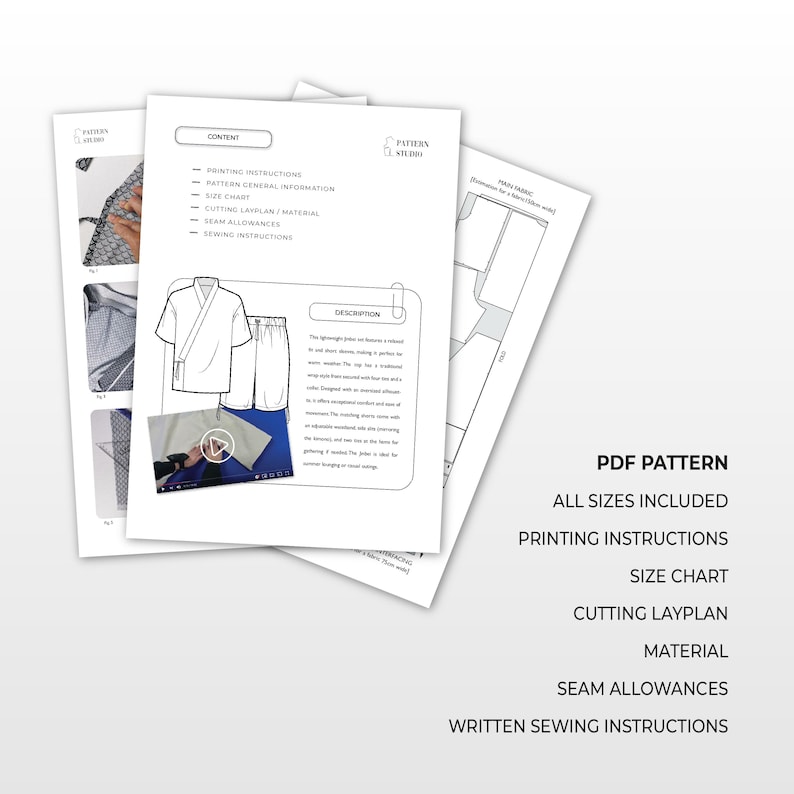 Puede incluir: Un conjunto de hojas de patrones PDF blancas con ilustraciones de ropa, incluyendo una parte superior y pantalones. El texto en las hojas incluye "Contenido", "Instrucciones de impresi&oacute;n" y "Todas las tallas incluidas".