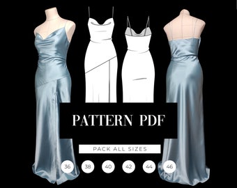 Split Seide Slip Maxi Kleid Muster | Kleid mit Wasserfallausschnitt | Schrägschnitt Kleid PDF Schnittmuster | Oberschenkel Schlitz Abendkleid Digitales Muster | VideoTutorial