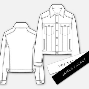 May include: A black and white line drawing of a denim jacket with a tag that reads "PDF Pattern James Jacket".