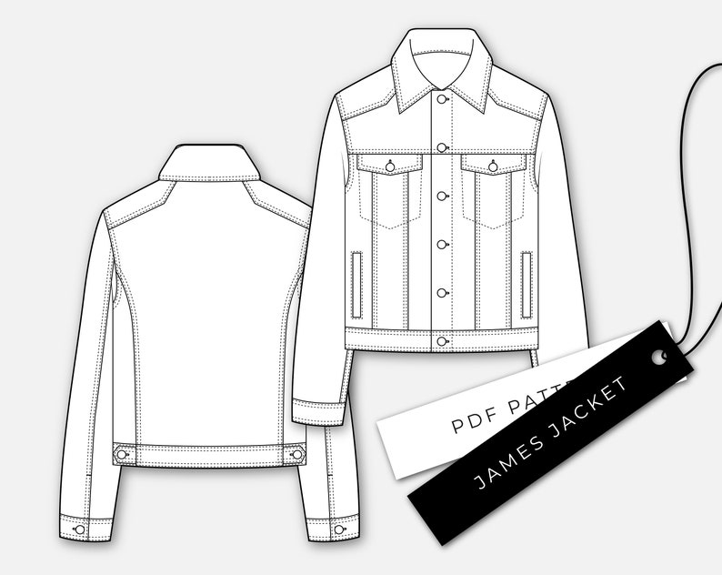 May include: A black and white line drawing of a denim jacket with a tag that reads "PDF Pattern James Jacket".