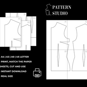 May include: A black and white printable sewing pattern for a garment with the text "PATTERN STUDIO" at the top of the page. The pattern is labeled with letters A1, A2, B1, and B2. The text "A4 | A3 | A0 | US LETTER" is at the bottom of the page, along with instructions to print, match the paper sheets, cut, and use the pattern. The text "INSTANT DOWNLOAD" and "REAL SIZE" are also included.