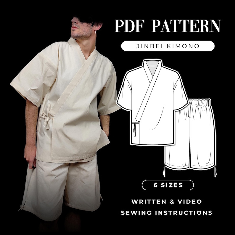 Puede incluir: Una persona lleva un kimono Jinbei y pantalones cortos de color crema. La imagen incluye un dibujo lineal del kimono y los pantalones cortos, con el texto "PDF PATTERN", "JINBEI KIMONO", "6 SIZES" y "WRITTEN & VIDEO SEWING INSTRUCTIONS".