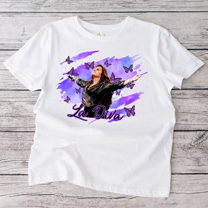 Jenni Rivera, La Diva, purple butterflies, White shirt