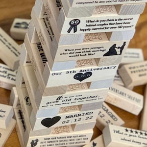 Personalized Anniversary Block Tower Game // 5 Years Wood Gift // Married Couple&#39;s Tumble Block Table Top Game
