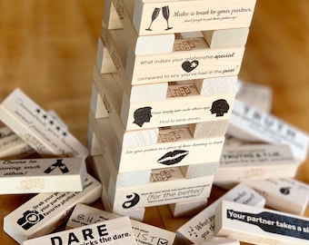 Couples Date Night Drinking Block Tower Game / Drunk Adult Fun Tumble Block Game / Unique Party Activity for Two / Wood 5yr Anniversary Gift
