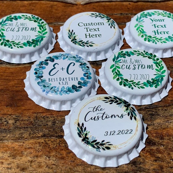 Bouchons de bouteilles de mariage personnalisés // Fanons de bière personnalisés // Célébration de fête unique // Design personnalisé, logo, photos et texte