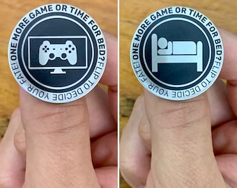 One More Game or Time for Bed Metal Decision Coin // Stainless Steel Flip Coin with Case // Unique Gift for Gamers