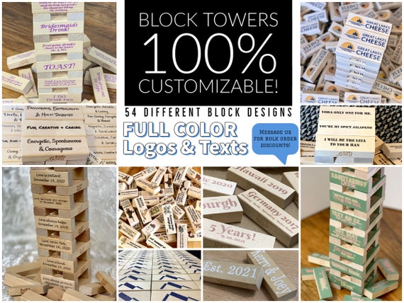 Custom Block Tower Game // Personalized Text, Design, Logo Tumble Blocks //  Unique Game for Parties, Gifts, Businesses, Raffles, & Events 