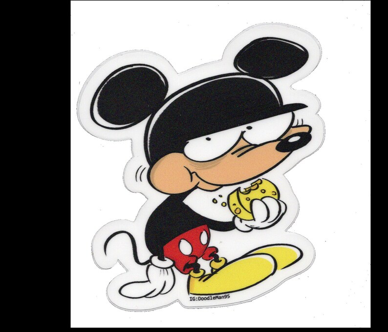 May include: A black and white cartoon illustration of Mickey Mouse wearing a black hat and eating a yellow cheese wedge. The image has the text "IG:dood1eman95" at the bottom.