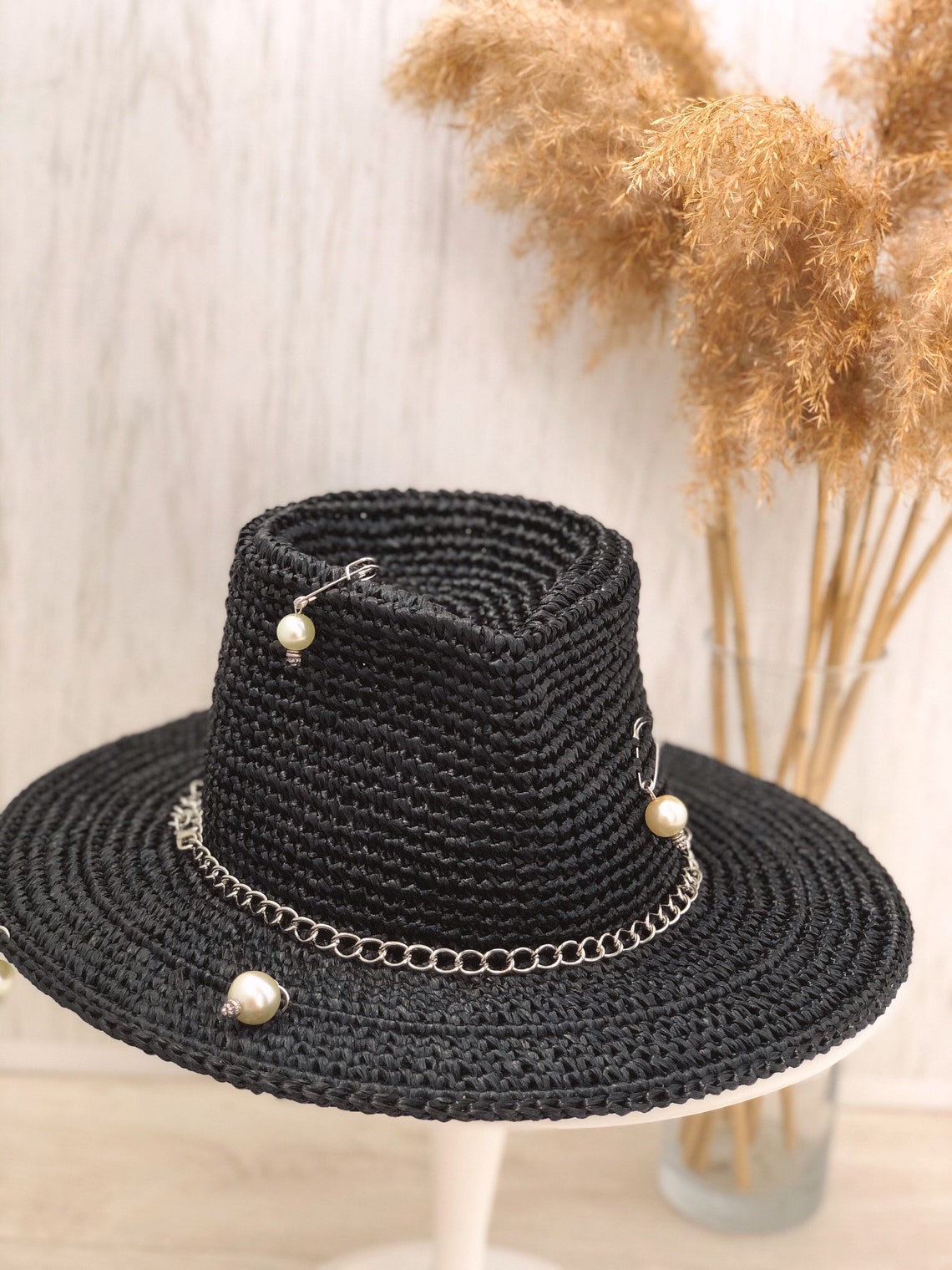 Raffia fedora hat woman fedora black fedora hat with chain Etsy