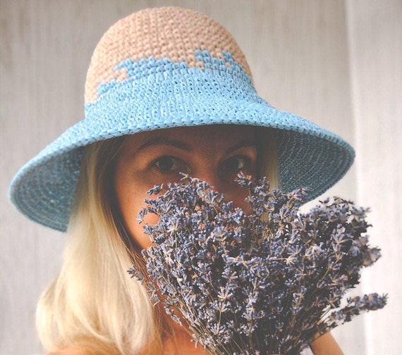 Crochet Raffia Sun Hat: Blue Summer Hat - Etsy display picture 3