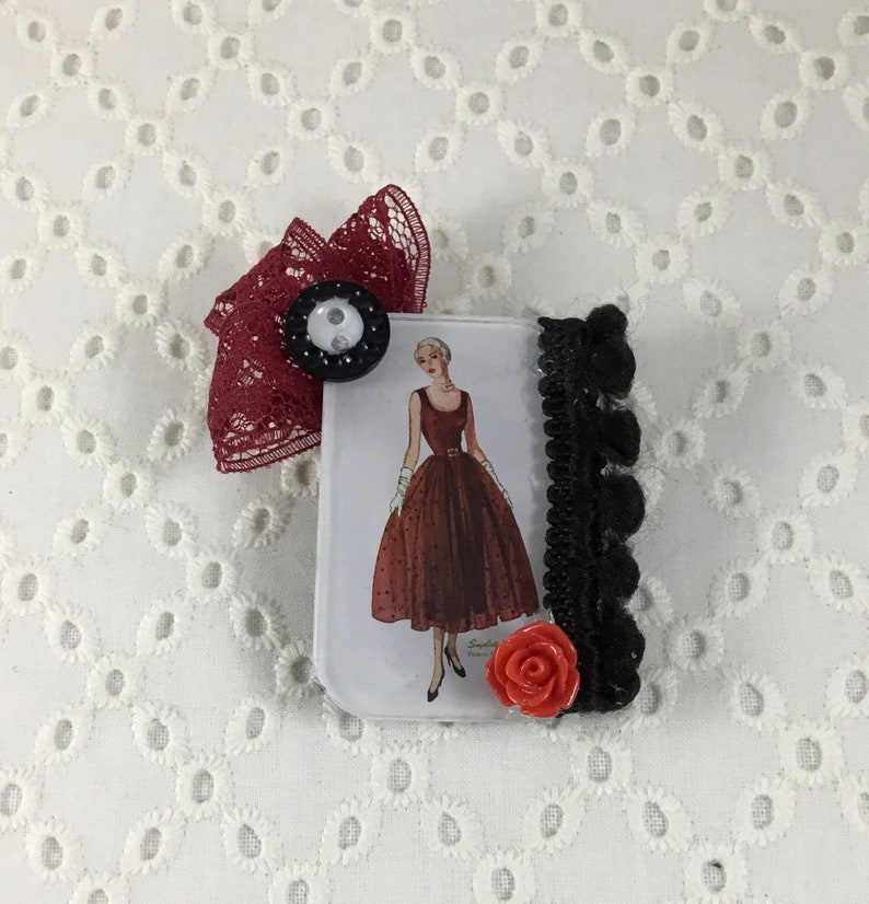 Vintage Simplicity Pattern Button and Repurposed Lace Brooch