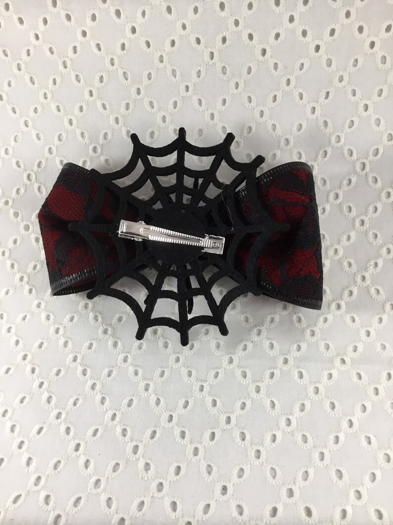 Creepy funky Large Red and Black Lace Spider on Web Halloween and Beyond Hair Clip