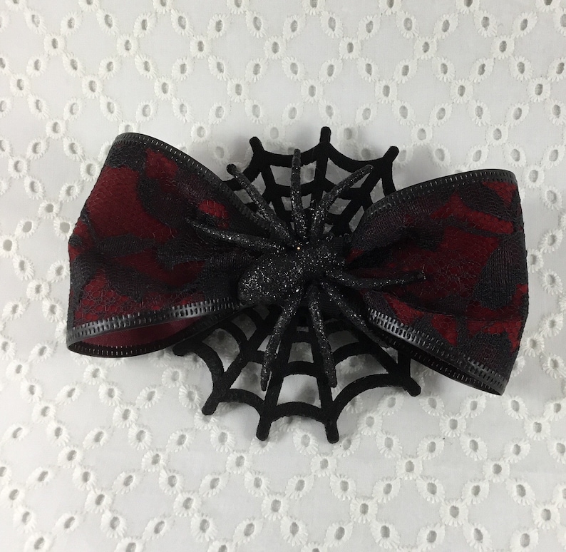 Creepy funky Large Red and Black Lace Spider on Web Halloween and Beyond Hair Clip