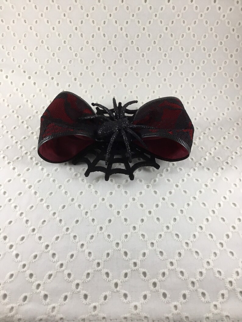 Creepy funky Large Red and Black Lace Spider on Web Halloween and Beyond Hair Clip