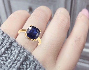 Natural Blue Sapphire Ring Cushion Gemstone Ring Engagement Ring Sapphire Wedding Ring Sterling Silver Ring Gift For Love Valentine's Gift