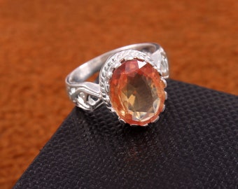 Ceylon Padparadscha Sapphire Ring Oval Gemstone Ring, Padparadscha Ring Cocktail Ring 92.5 Regalo de plata de ley para su anillo de bodas