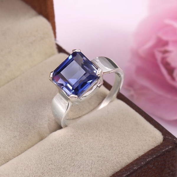 Flawless Ceylon Blue Sapphire Ring Sapphire Square Gemstone Statement & Engagement Ring Gift For Her 925 Sterling Silver Ring Wedding Ring