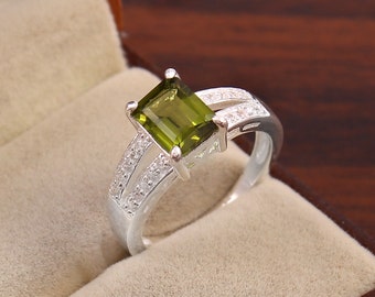 Flawless Natural Moldavite Ring Moldavite Meteorite Ring Octagon Ring 92.5 Sterling Silver Gift For Her Anniversary Ring Statement Rings